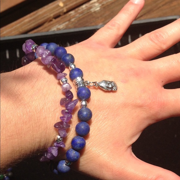 Lapis Lazuli Amethyst Sterling Buddha Bracelet - Picture 1 of 8